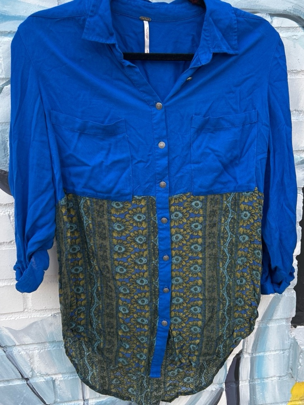 Free People Cobalt Blue and Olive Mixed-Print Button-Down Shirt